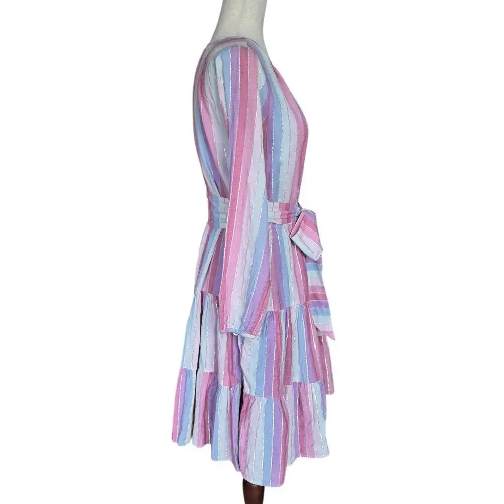 J.Crew Re-Imagined Pastel Stripe Metallic Thread Tiered Belted Dress XS